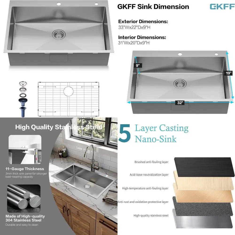 

Современная кухонная мойка ручной работы 33x22x9 с одной чашей, глубокая кухонная мойка 16 калибра, нержавеющая сталь S304 с верхним креплением для Contempora