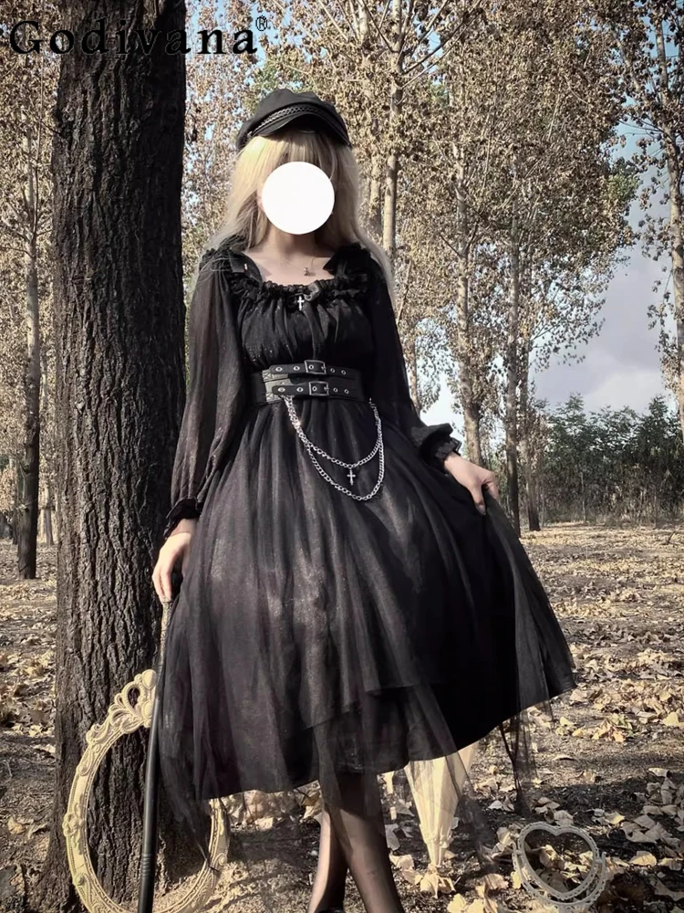 

Oversize Black Gothic Cosplay Lolita Long Sleeve Dress for Women High Waist Slim Dark Mesh Patchwork Knee-Length Dress Vestidos