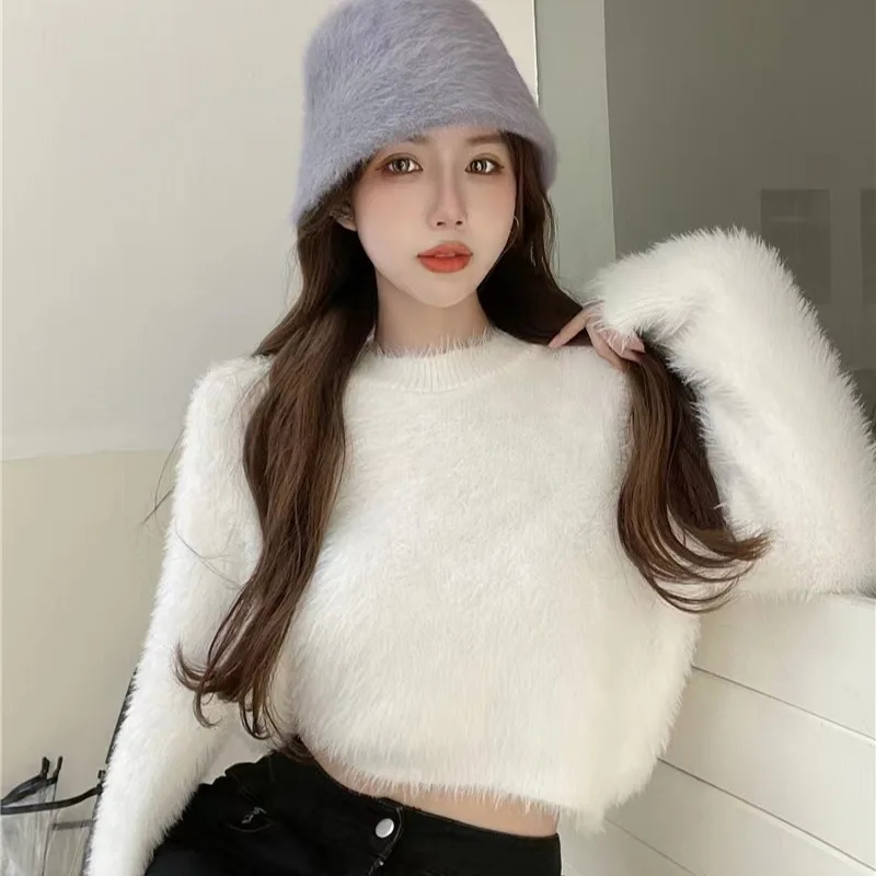 

Laziness Style White Mink Sweater Women's Spring Autumn Fashion round Neck Waist Cinched Slim Fit Soft Short Top