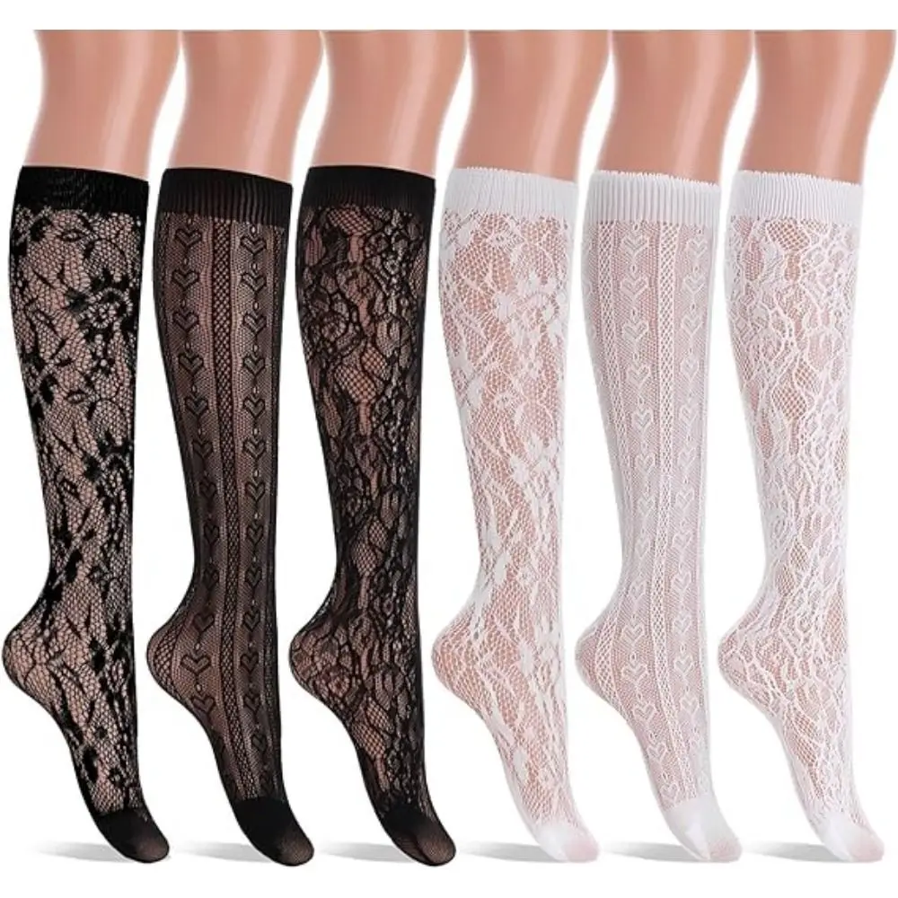Cute Floral Printed Lace Knee High Socks Hollow Thin Mesh Stockings Y2k Heart Pattern Lolita Socks Pair with Skirts