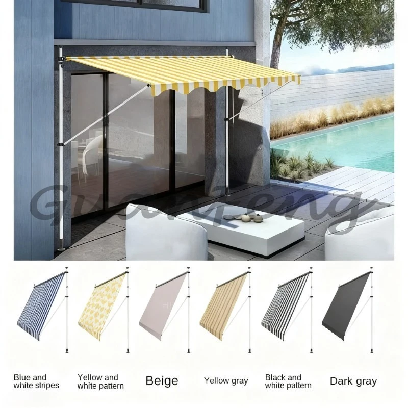 200×120cm Hand Crank Telescopic Folding Awning, No Drill Outdoor Balcony Sunshade Rain Canopy