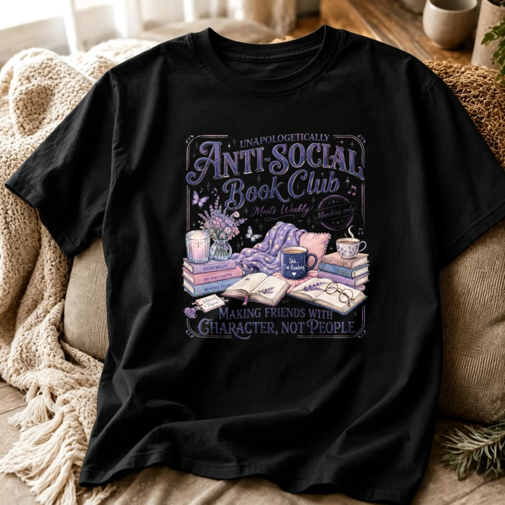 Anti‑Social Book Club Graphic T‑Shirt Cozy Reading Nook Book Stack Coffee Cup Candle Lavender Butterfly Vintage Book Lover Tops