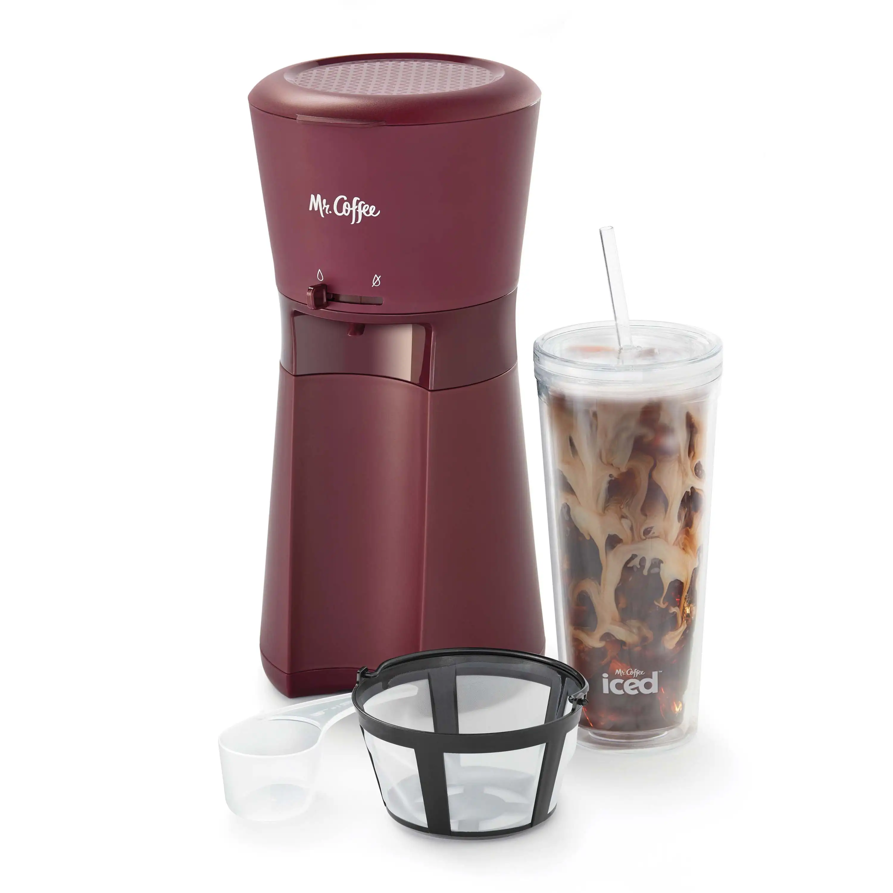 

Coffee Maker with Reusable Tumbler and Coffee Filter, Burgundy