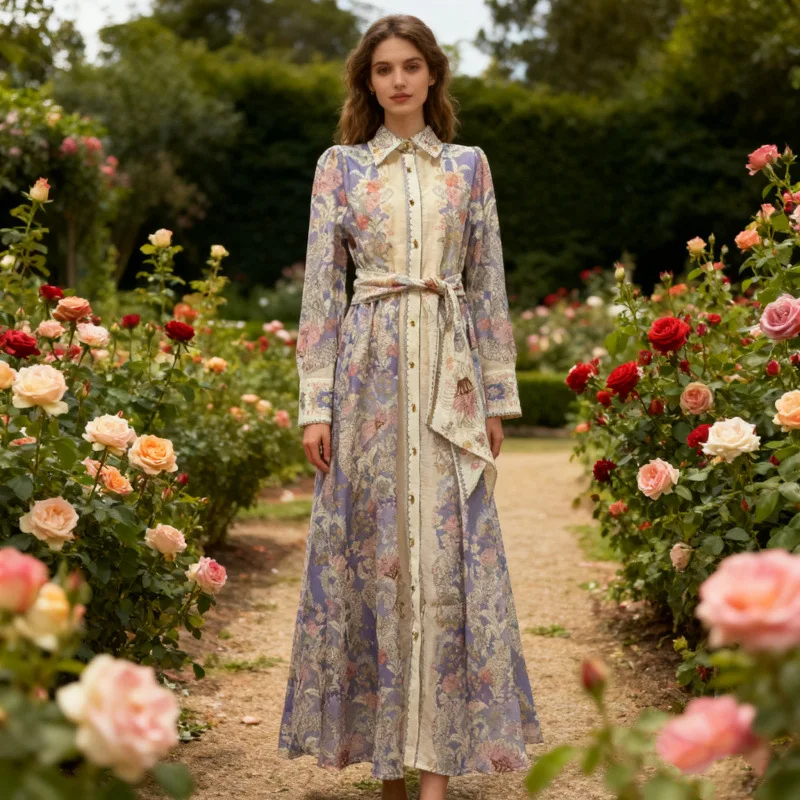 جديد الشارع Sle ارتفاع الخصر طويل Sve ثوب مطبوع مع زر التفاصيل عارضة ثي المواد محايد اللون الربيع جمع