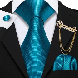 Fashion Teal Men Necktie With Brooch Pocket Square Cufflinks Sets Exquisite Silk Solid Ties Groom Wedding Party Barry.Wang 0221