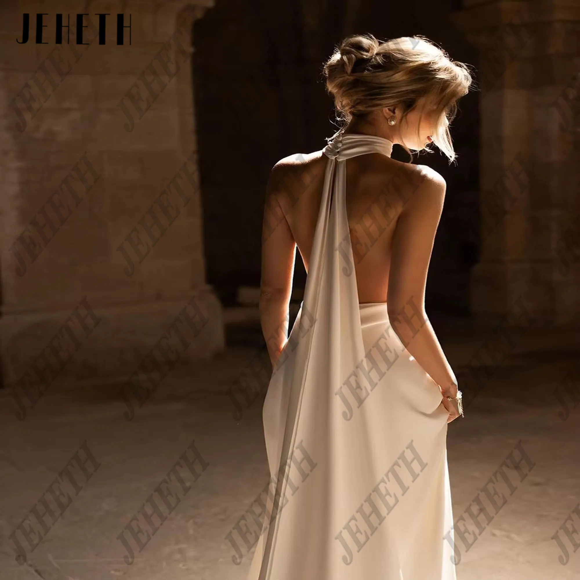 JEHETH elegante vestidos de novia de satén 2025 de lujo con cuello en V Halter playa vestido de novia largo sin mangas vestidos de novia bohemios personalizados Jeheth elegante vestido de novia de satén 2025 lujoso tir