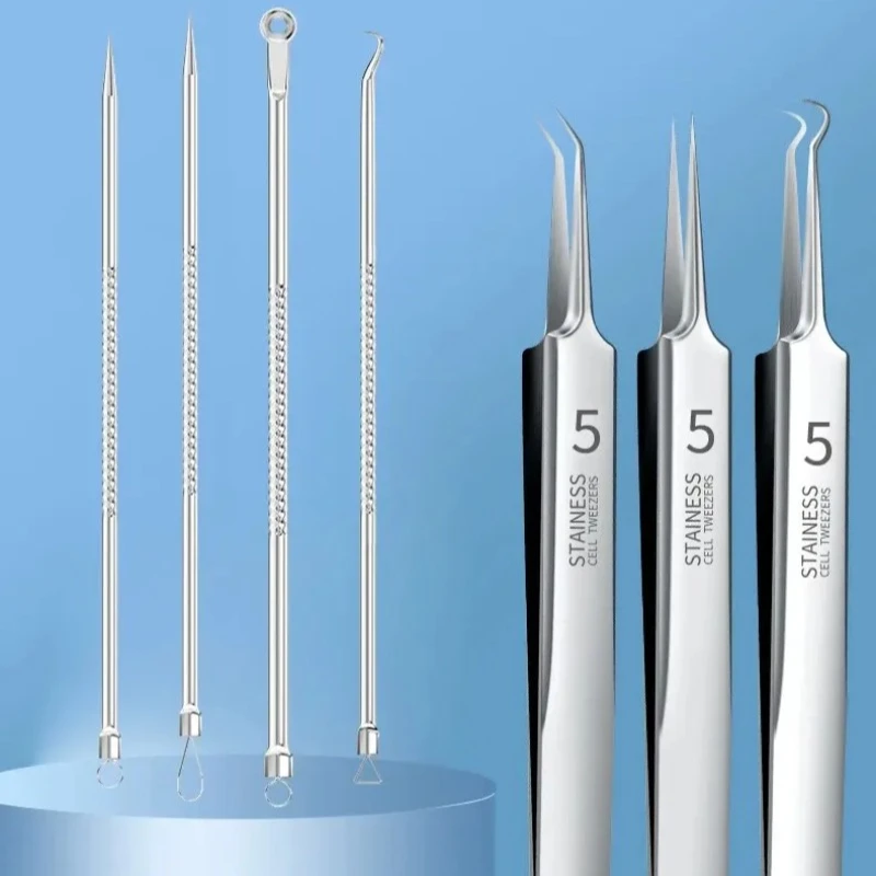 7 قطعة الفولاذ المقاوم للصدأ الفاصل حب الشباب كليب خلية الملقط البثرة كليب بثرة دبوس صالون تجميل حب الشباب إزالة حب الشباب إبرة أدوات