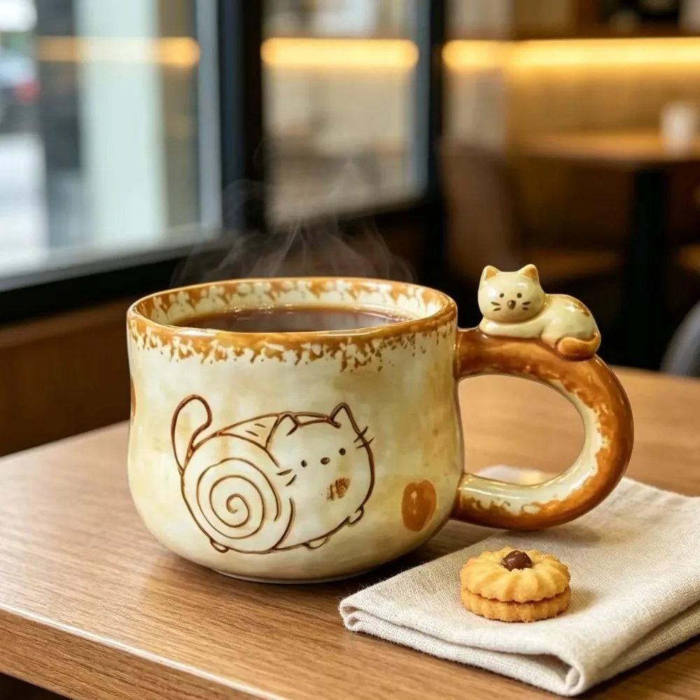 380ML Kreativer Retro Handgefertigter Niedlicher Katzenbecher Keramikbecher Wasserbecher Japanische Kaffeetasse Geburtstagsgeschenk Trinkgeschirr