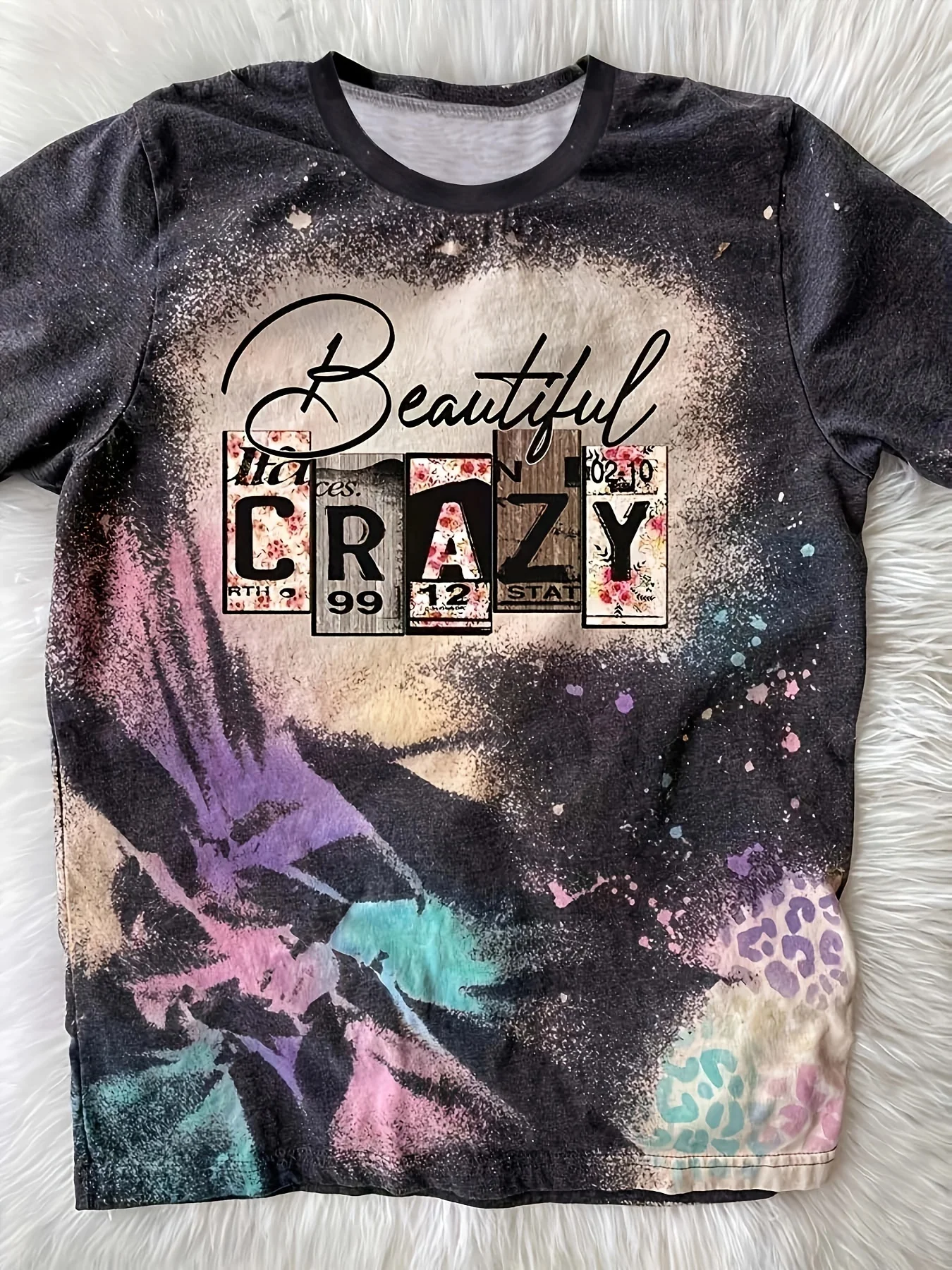 Women Crew Neck Short Sleeve T‑Shirt, Beautiful Crazy Vintage Bleached Tie Dye Letter Graphic Casual Tee