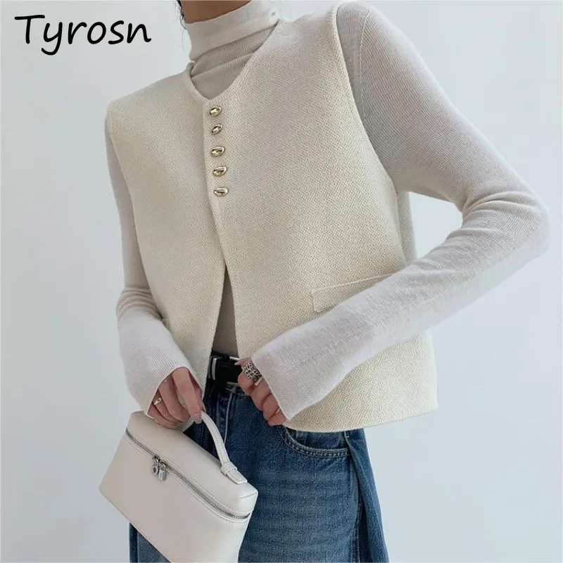 Knitted Vests Women Buttons Solid Loose Office Lady O-neck Sleeveless Coats Autumn Winter New Simple Leisure Korean Trendy Daily