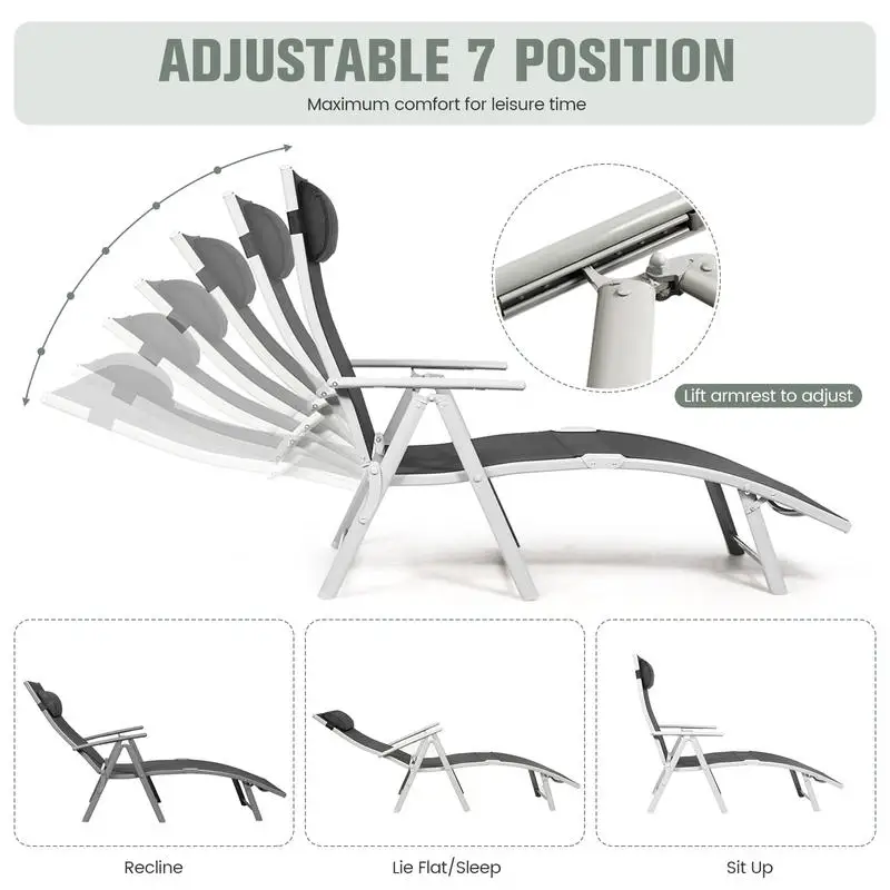 

Adjustable Outdoor Lightweight Folding Chaise Lounge Chair with Pillow-Black