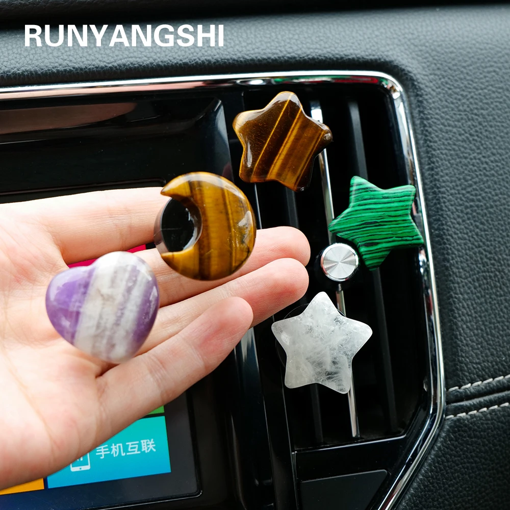 30MM Natural Gemstone Healing Quartz Carved Moon Star Heart Statue Car Vent Chips Mounted Aromatherapy For New Driver Gifts