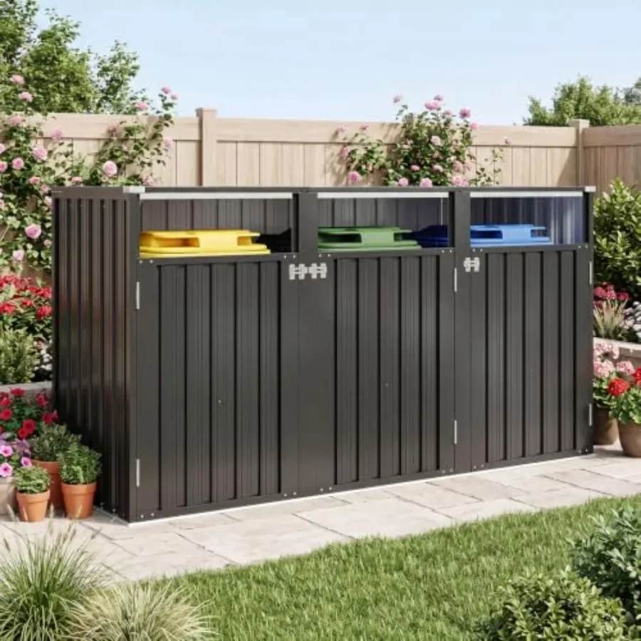 Outdoor Trash Can Storage Shed for Waterproof Metal Use in Gardens, Gray Finish with Rust-resistant Coating and Lockable Door