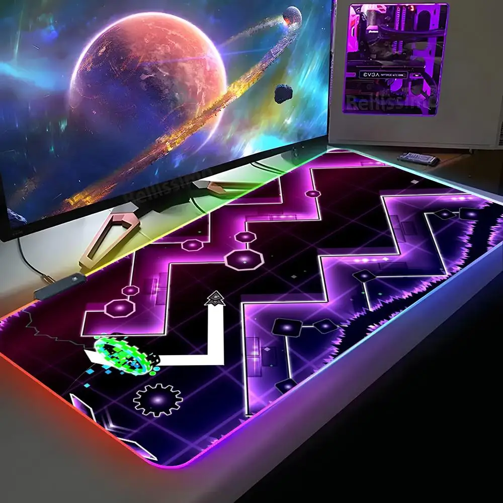 Geometry Dash Gaming Mouse Pad XXL RGB Gaming Mouse Pad HD Gamer Accessories Large LED Light MousePads PC Carpet With Backlit