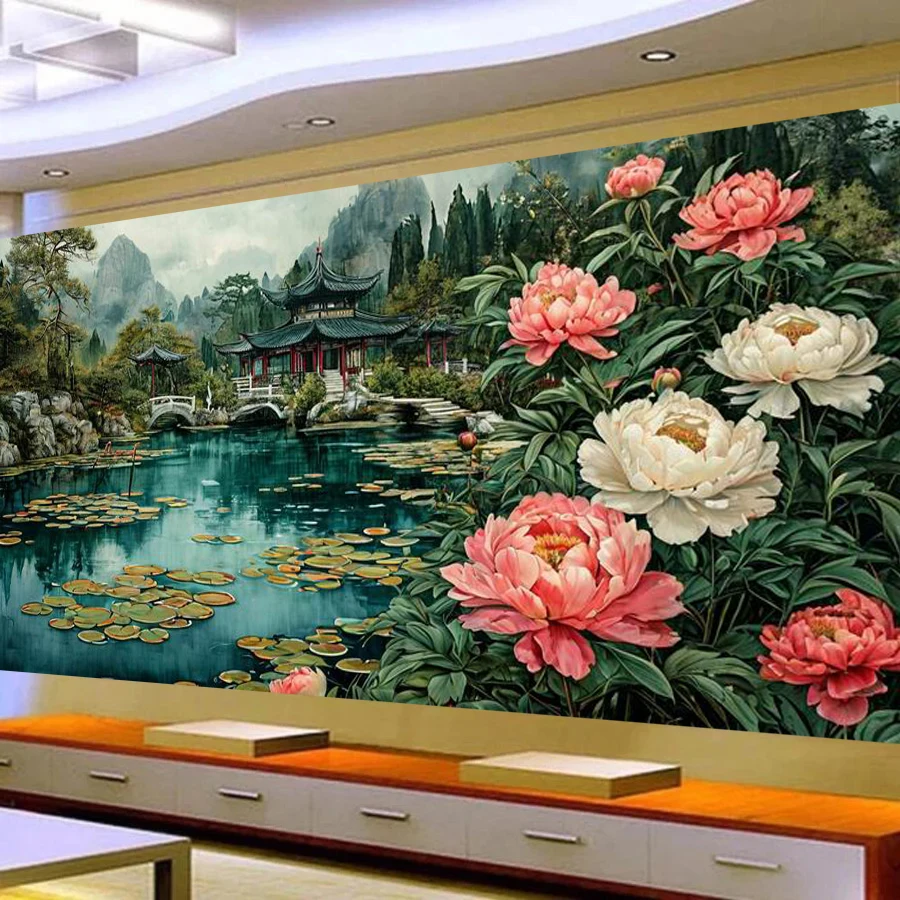 

Парковый пруд, павильон, пейзаж, большой размер, сделай сам, алмазная живопись, красочные цветы пиона, полная мозаика, вышивка, фотографии 200x100 см