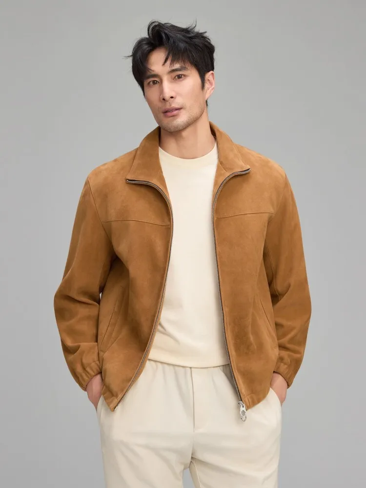 Роскошная мужская мягкая натуральная замшевая кожаная куртка на молнии с воротником с лацканами для деловой работы, настоящее замшевое пальто, осенняя модная верхняя одежда, куртки