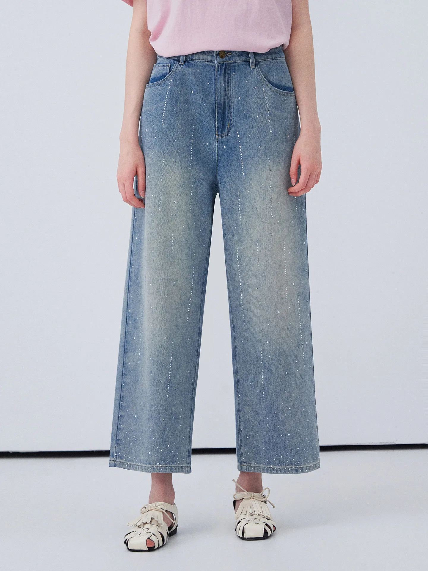 LIEDU Vintage Y2K High Waist Slim Fit Wide Leg Jeans Women Rhinestone Studded Light Blue Washed Denim Pants Casual Daily Outfit
