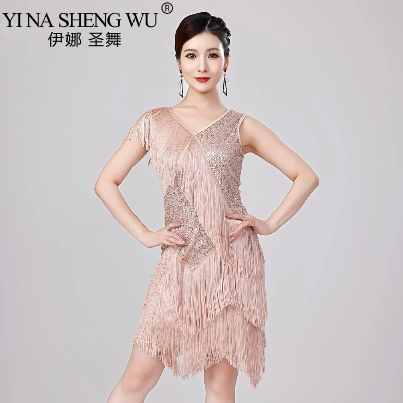 فستان شرابة للرقص اللاتيني مزين بالترتر للنساء فساتين أداء تانجو رومبا سامبا للبالغين ملابس حفلات المنافسة اللاتينية