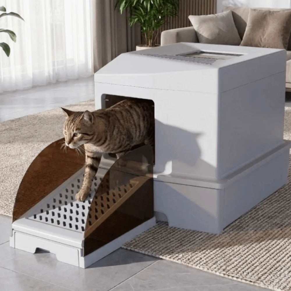 Adjustable Height Cat Litter Ramp with Drawer Anti Tracking Non Slip Elevated Litter Box Step Efficient Stable