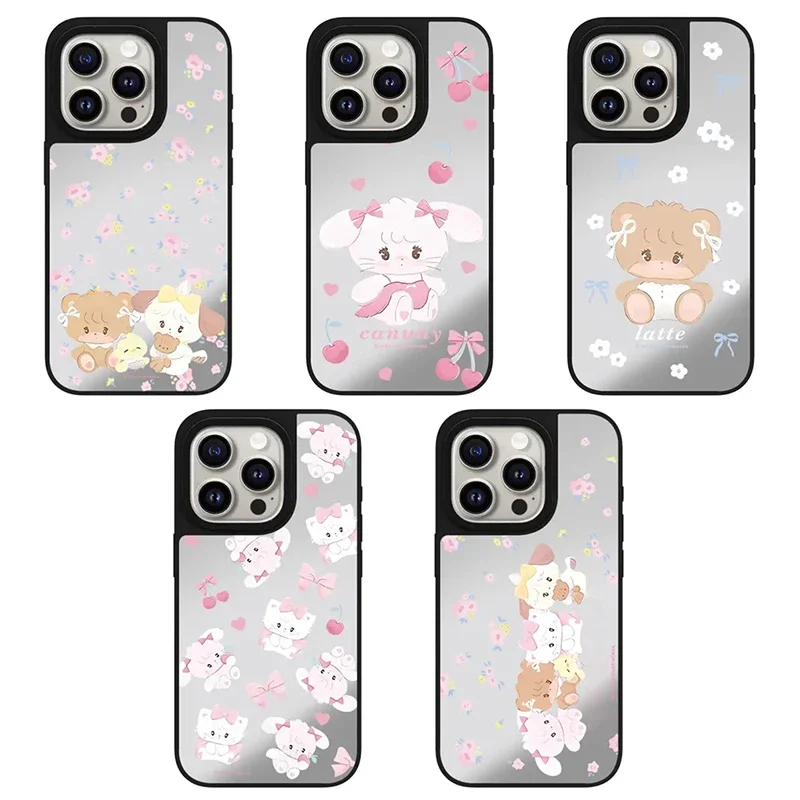 

White Cat Brown Bear Mirror Magnetic Phone Case Cover for IPhone 11 12 13 14 15 16 Pro Max Case for IPhone 16 Pro Max