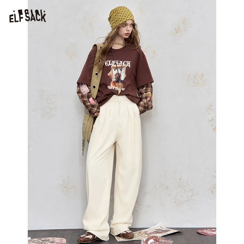 

ELFSACK Casual Solid Lazy Pleated Button Wide Leg Floor Pants For Women