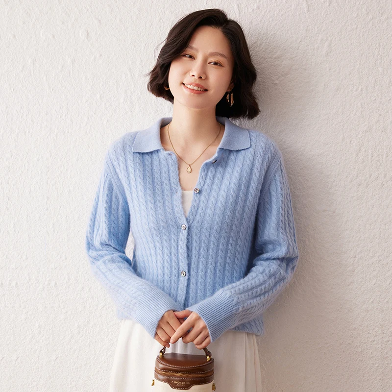 

Autumn Winter New POLO Collar 100% Cashmere Sweater Women Cardigan Solid Color Knitted Base Shirt Braided Wool Coat Sweater