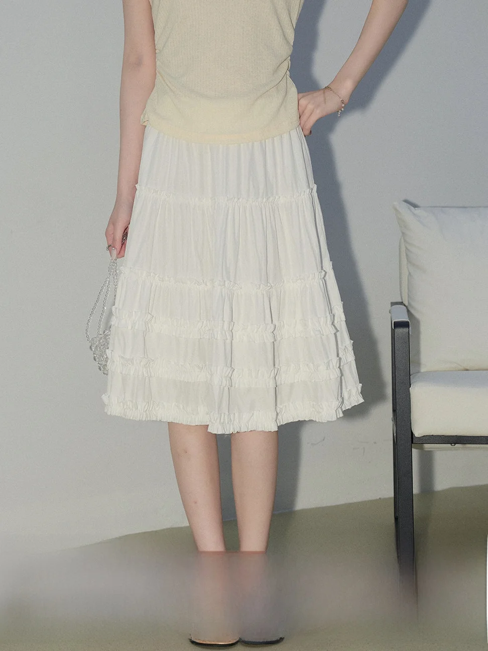 Meng Xiaoqi White Cake Skirt High Waist Women's A-Line Midi Skirt Wooden Design Spring Summer Slimming Gentle Style