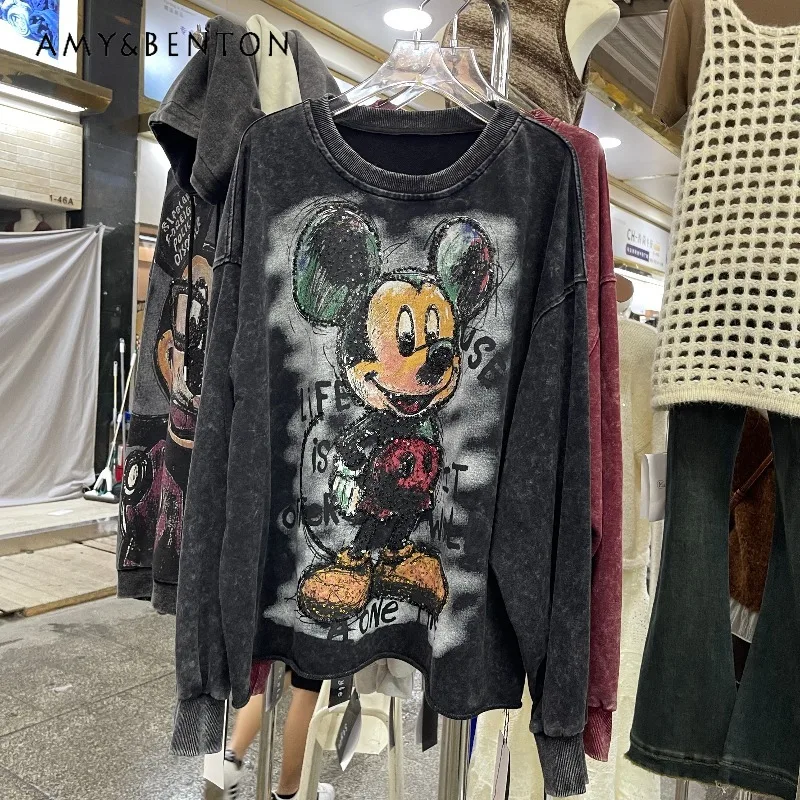 

Heavy Industry Distressed Design Cartoon Crewneck Sweatshirt Women's Loose Casual Top Long Sleeves Hoodies 2025 Autumn Sudaderas