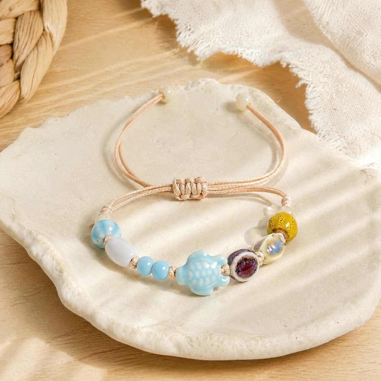 Handmade Ceramic Turtle Necklace Multicolor Adjustable Wax Cord Braided Jewelry 12-24cm Lightweight S04-0069