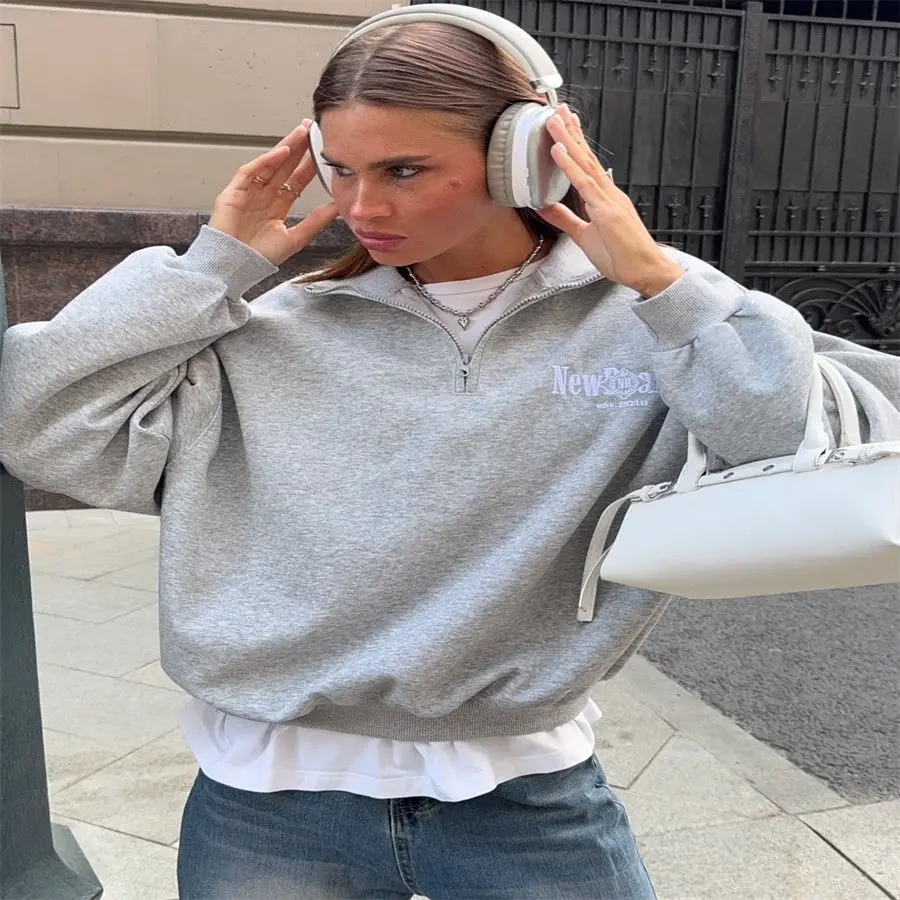 ยุโรปอเมริกันวิทยาลัยผู้หญิงเสื้อเรโทรเปิดซิปปกเปิดปกเสื้อสีเทาเสื้อแขนยาวฤดูใบไม้ร่วงหลวม Y2K