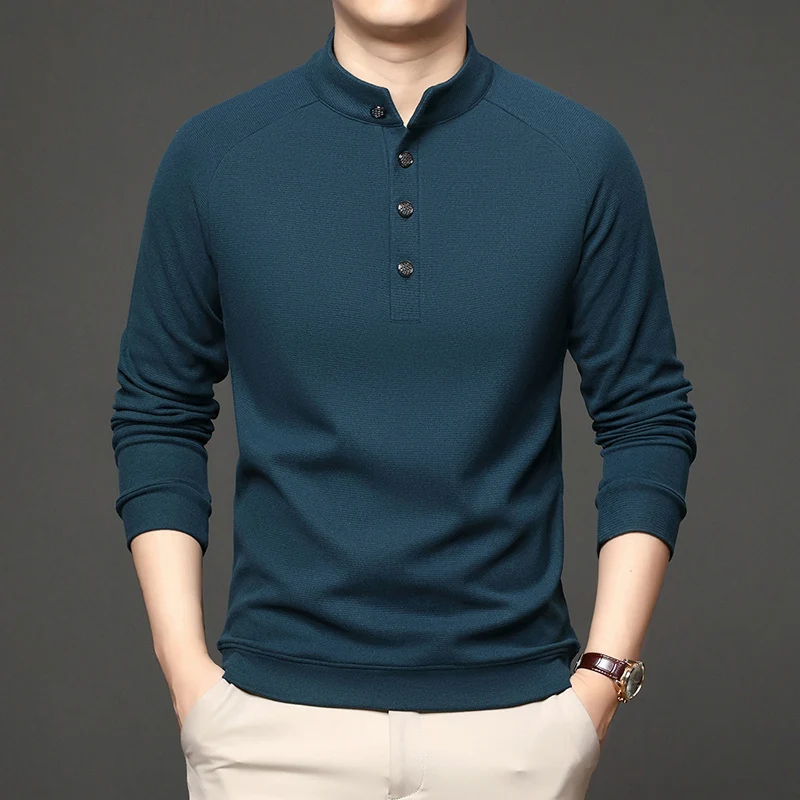 

Осень-зима 2022, мужская толстовка с воротником-стойкой в китайском стиле, новая футболка с длинными рукавами и воротником Генри, универсальная базовая рубашка