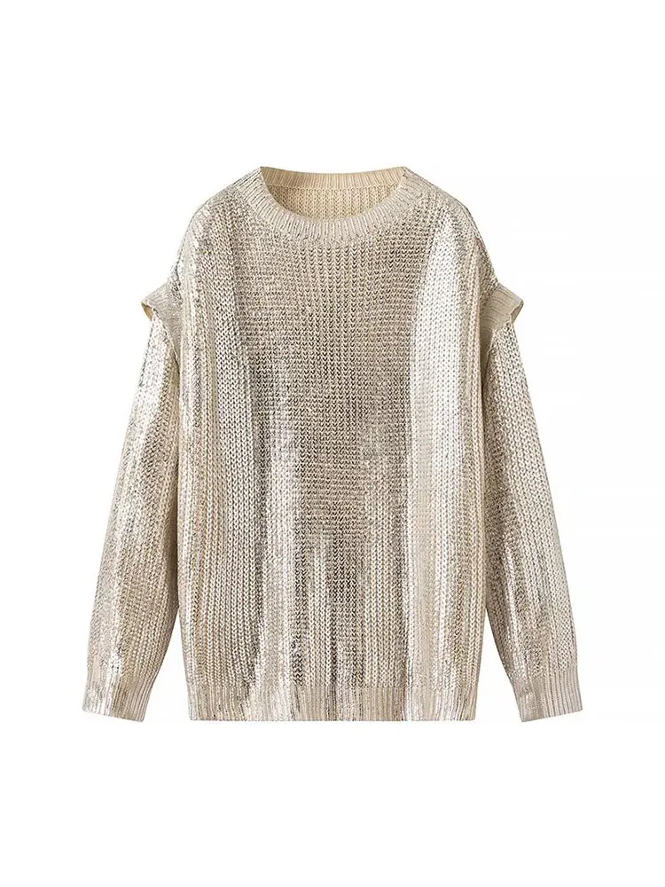 TRAF 2024 Autumn Gold Foil Sweater Women Metallic Knitted Sweaters for Women Luxury Pullovers Long Sleeve Sweater Woman Jerseys