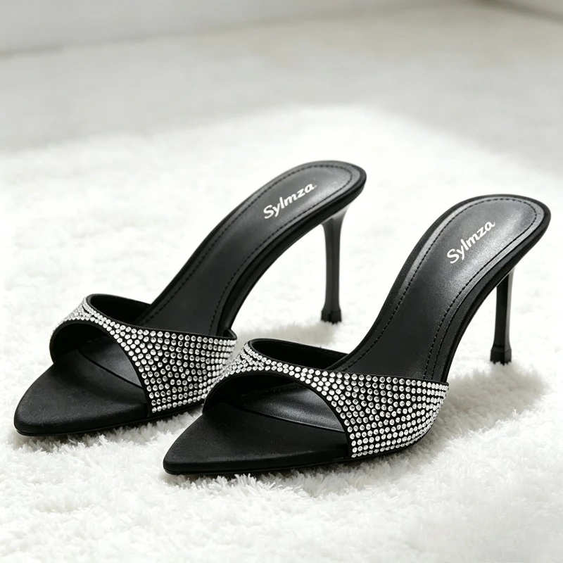 Luxury Rhinestone Designer High Heeled Slippers Women Sexy Open Toe Slide Sandals Elegant Party Dress Shoes Ladies Zapatos Mujer
