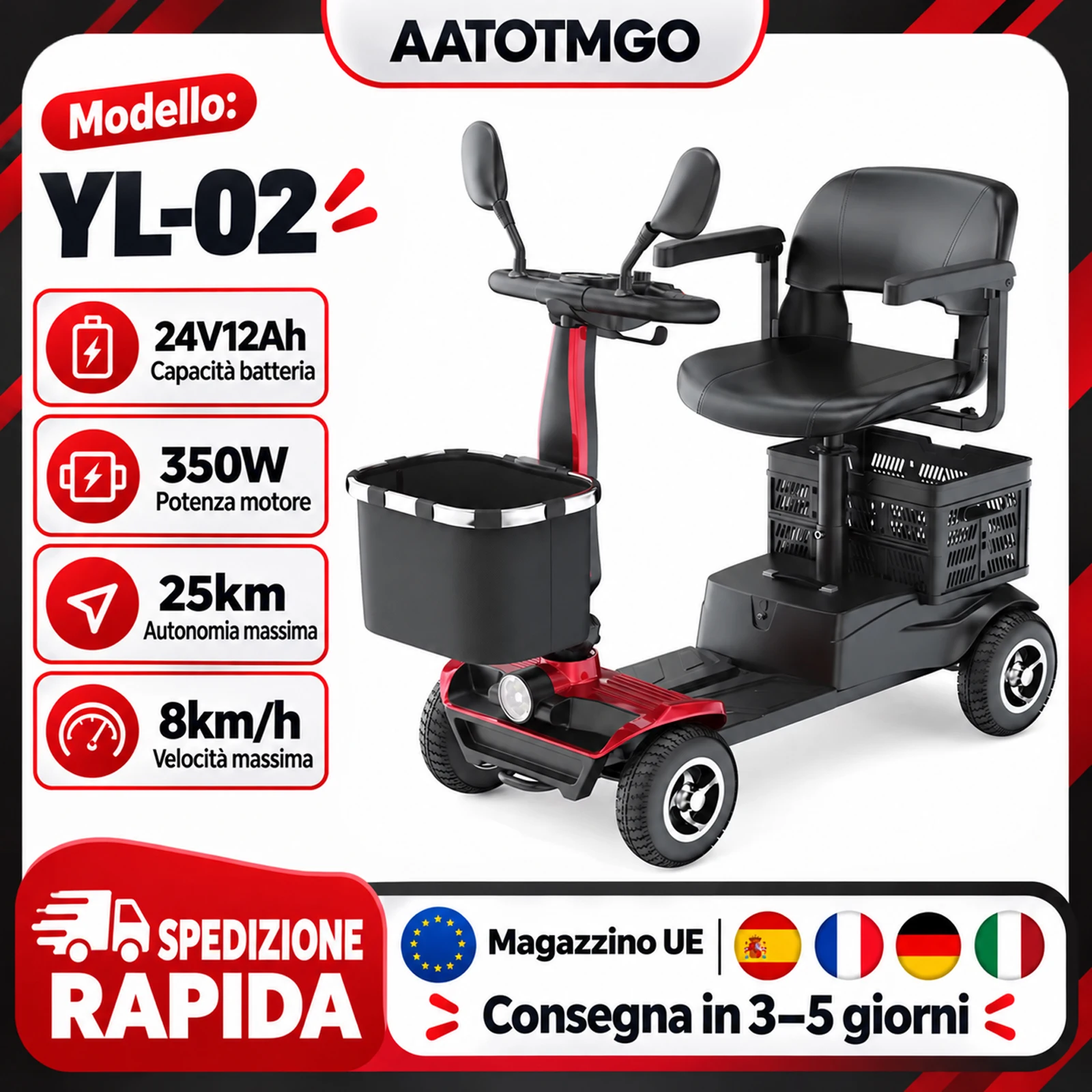 Triciclo elettrico a 4 ruote per adulti, scooter per la mobilità con batteria al litio, scooter per la mobilità di alta gamma con sedile girevole a 360 gradi ° braccioli regolabili, capacità di carico