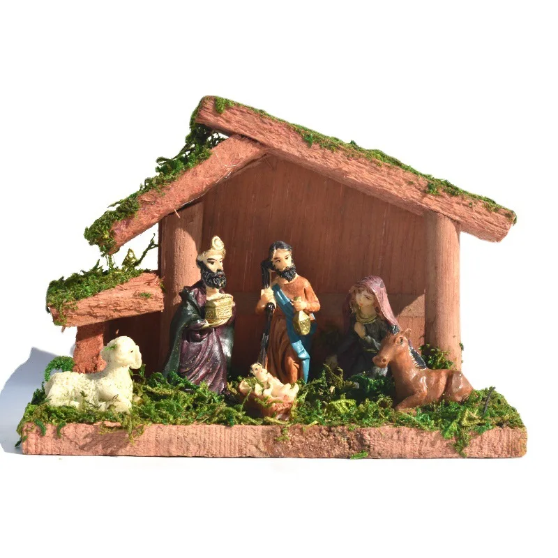 

With Wooden Stable Christmas Nativity Figurines Advent Nativity Scene Mary Jesus Angel Wise Men Stable Animal Statues Home Decor