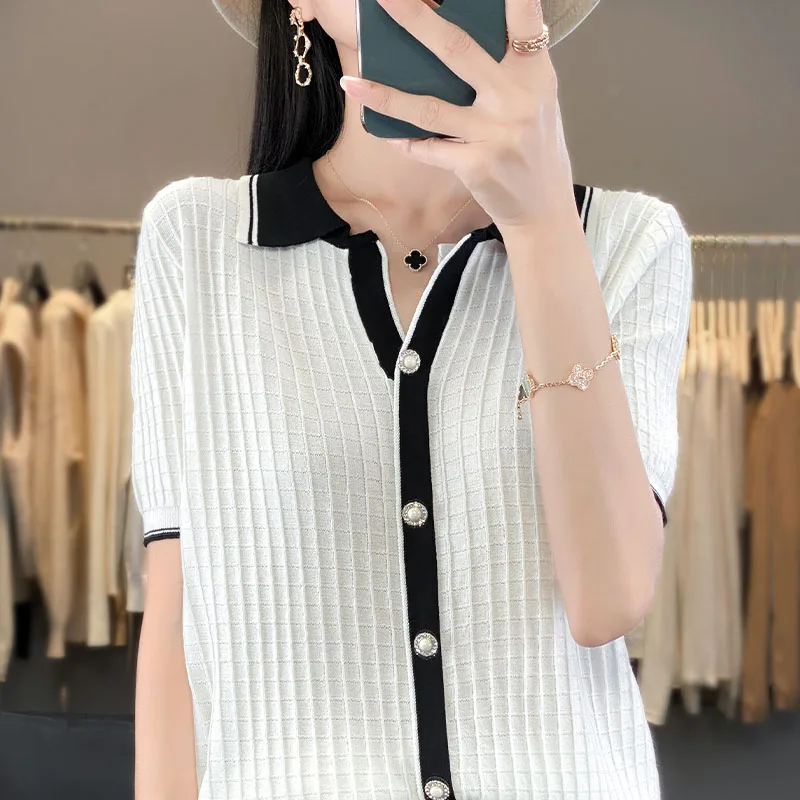 

2024 Summer New Ice Silk Short sleeved T-shirt Women's Loose Pullover V-neck Bottom Top Women's Top