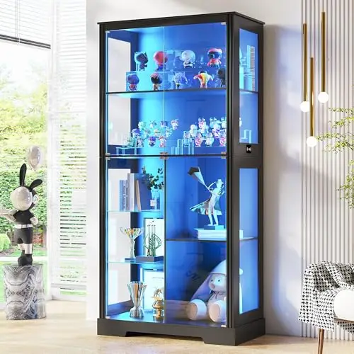 71” Glass Display Cabinet with RGB Light for Collectibles - Black | 4mm Tempered Glass Doors, 7-Tiers Large Storage