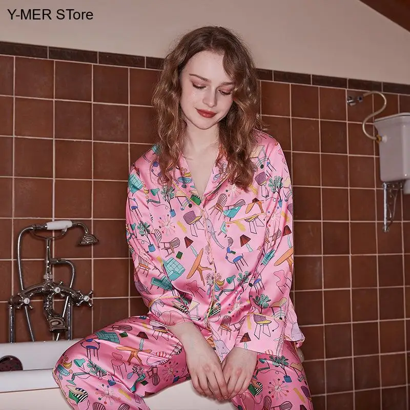 

Women Pink Ice Silk Pajamas Set Long Sleeve Funny Cute Print Summer Thin Satin Sleepwear Soft Casual Loungewear Outfits