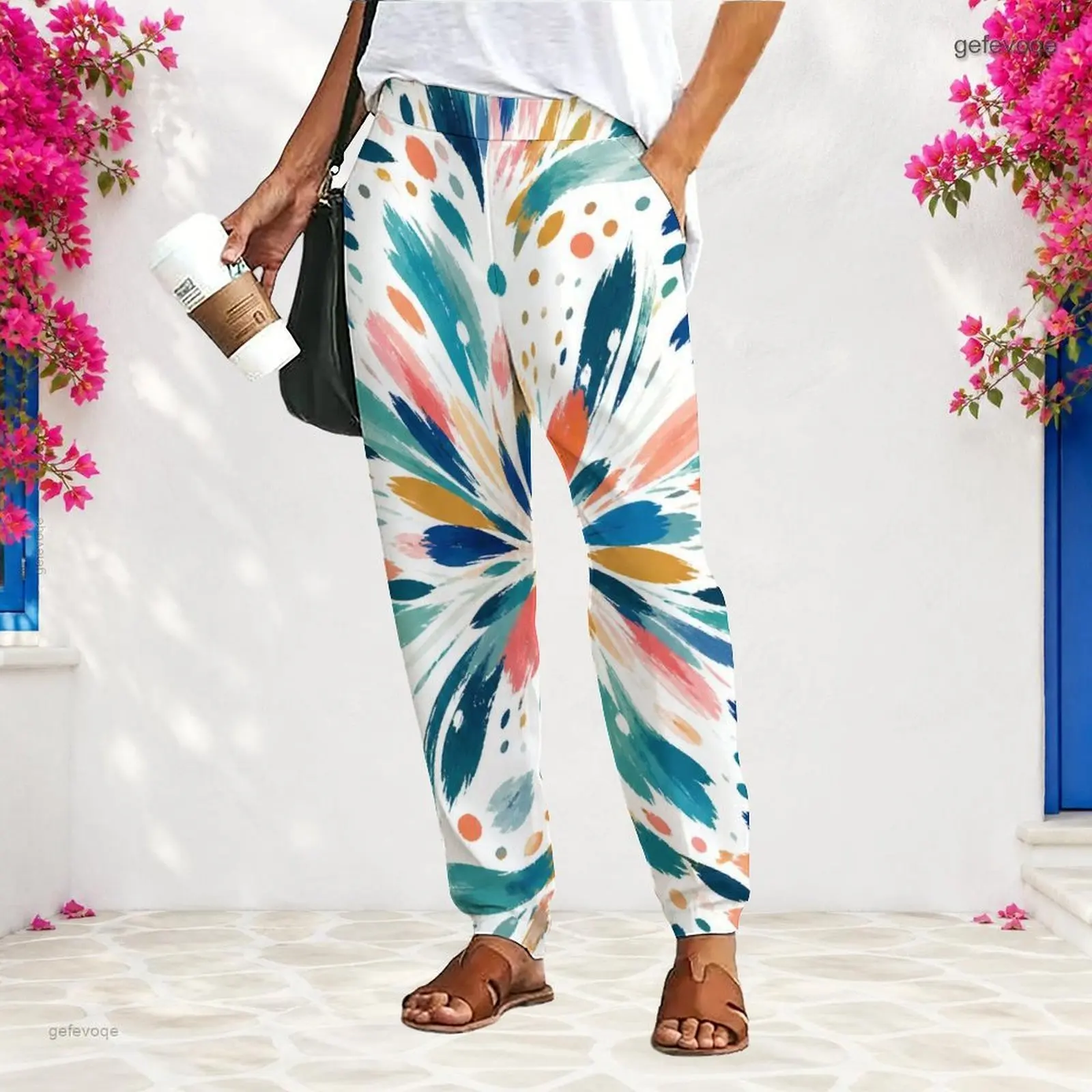 Women Printed Pants Loose Fit Straight Leg Long Length