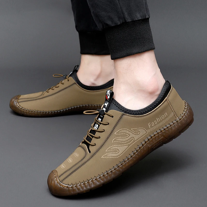 Outdoor Loafers Men's Slip-on Elastic Leather Shoes High-quality Thick-soled Casual Shoes British Style Driving Shoes Men Shoes