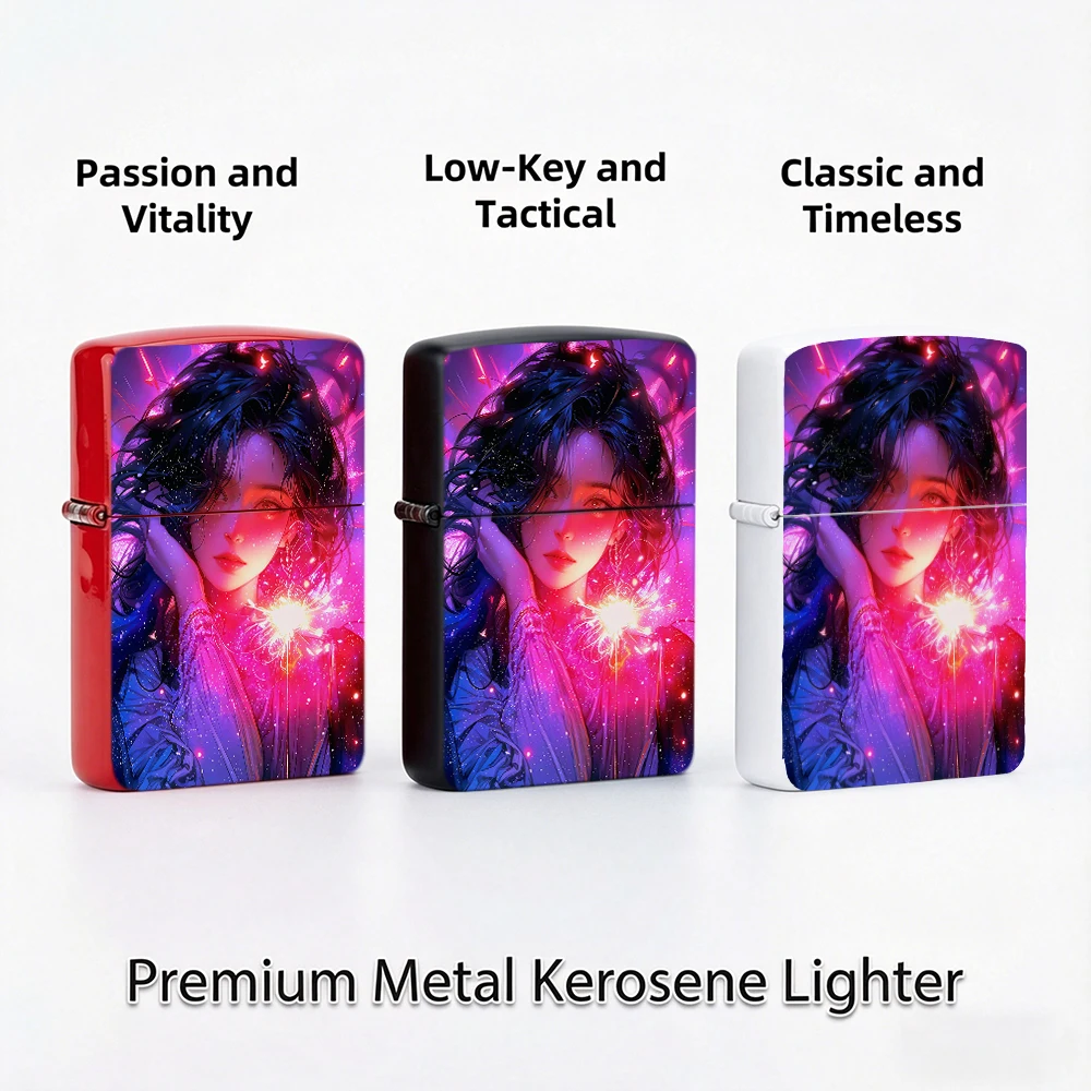 Flip Top Lighter Neon Glitter Anime Girl Sparkle Fantasy Art Pattern lighters vintage lighters for smokers Collectible Gift