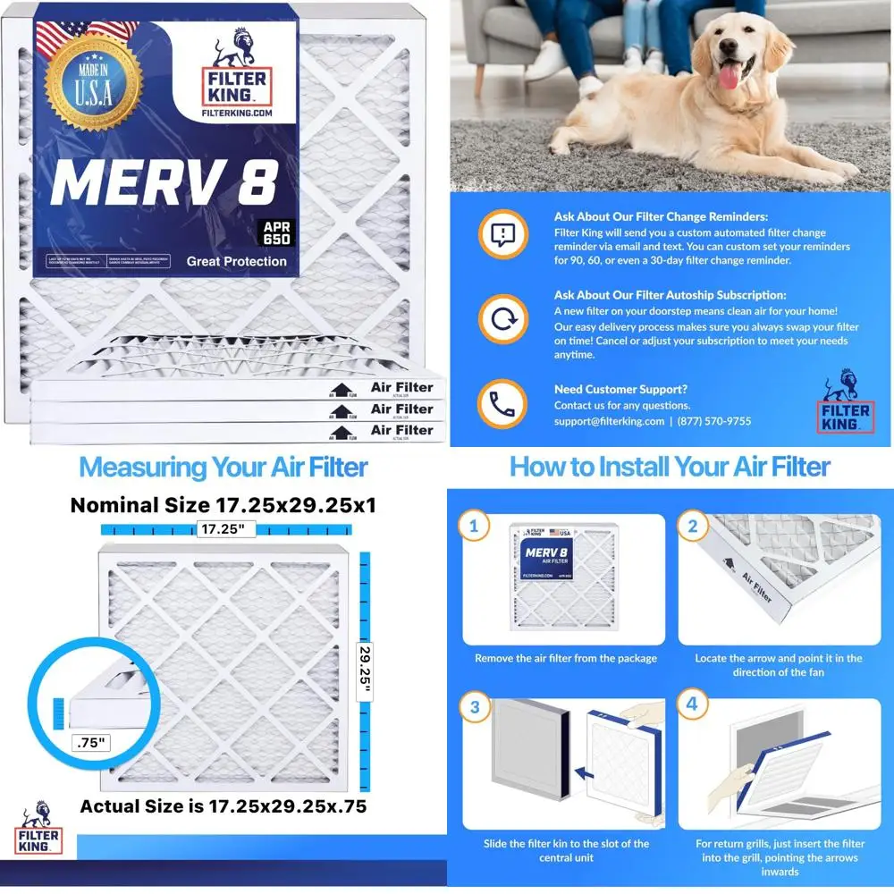 

Плиссированные воздушные фильтры HVAC, 6 шт. MERV 8 Фильтры для печи кондиционера 17,25x29,25x1 Сделано в США Реальный размер 17,25x29,25