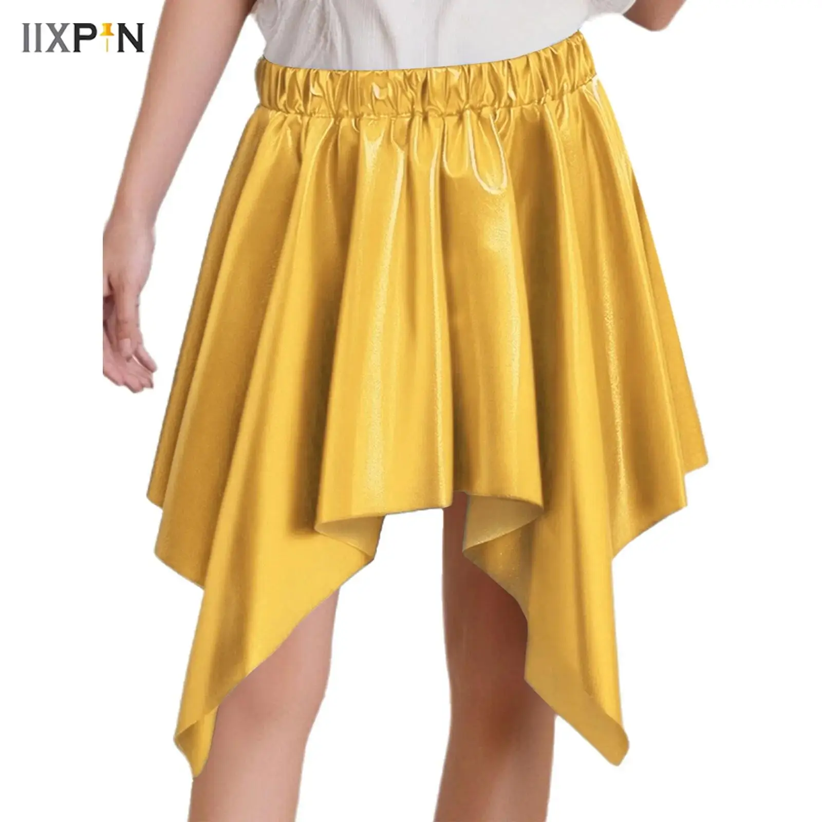 

Kids Girls Dance Skirt Elastic Waistband Metallic Irregular Ruffled Asymmetrical Skirts for Cheerleading Jazz Performance Party