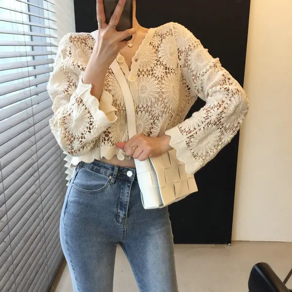 

Solowen Knitted Open Cardigan Outerwear Hollow out Me Design Summer Vaion Travel Sun Protection Cotton Women's Sweater