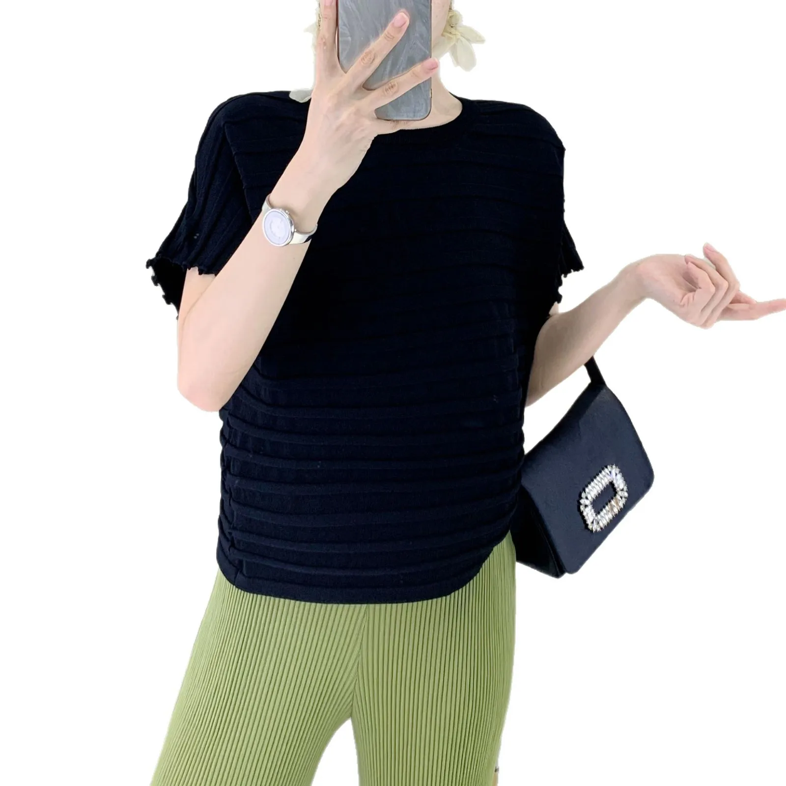 Miyake nouveau T-Shirt femme col rond tricoté mode Plisse ample femmes polyvalent plissé couleur unie à manches courtes haut