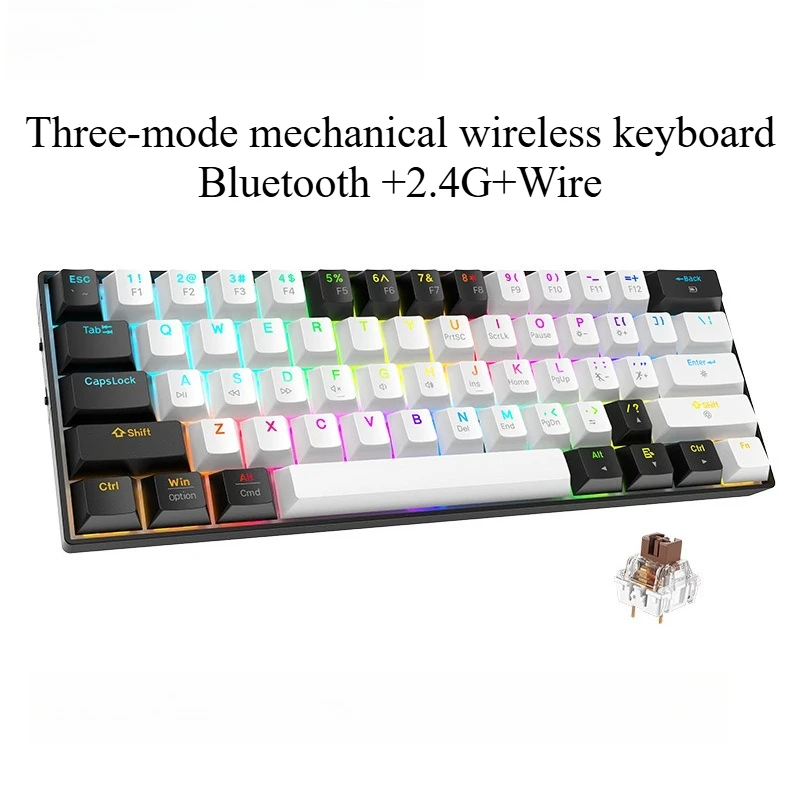 

Mechanical keyboard 60% Bluetooth+2.4G three-mode 61 keys RGB luminous e-sports wireless keyboards gaming portable Keypad white