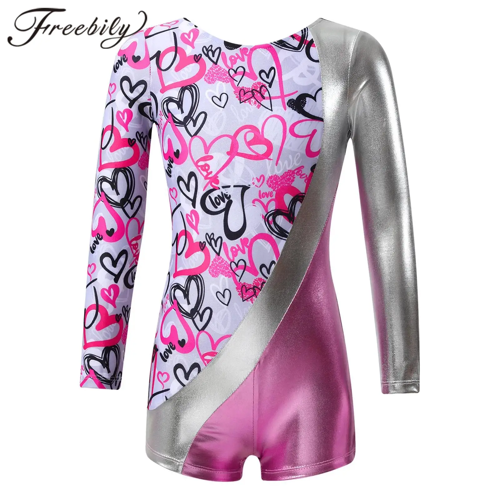 Kids Gymnastics Leotard for Girls Teens Long Sleeve Patchwork Print Ballet Dance Unitard Children Ice Skating Bodysuit Jumpsuit