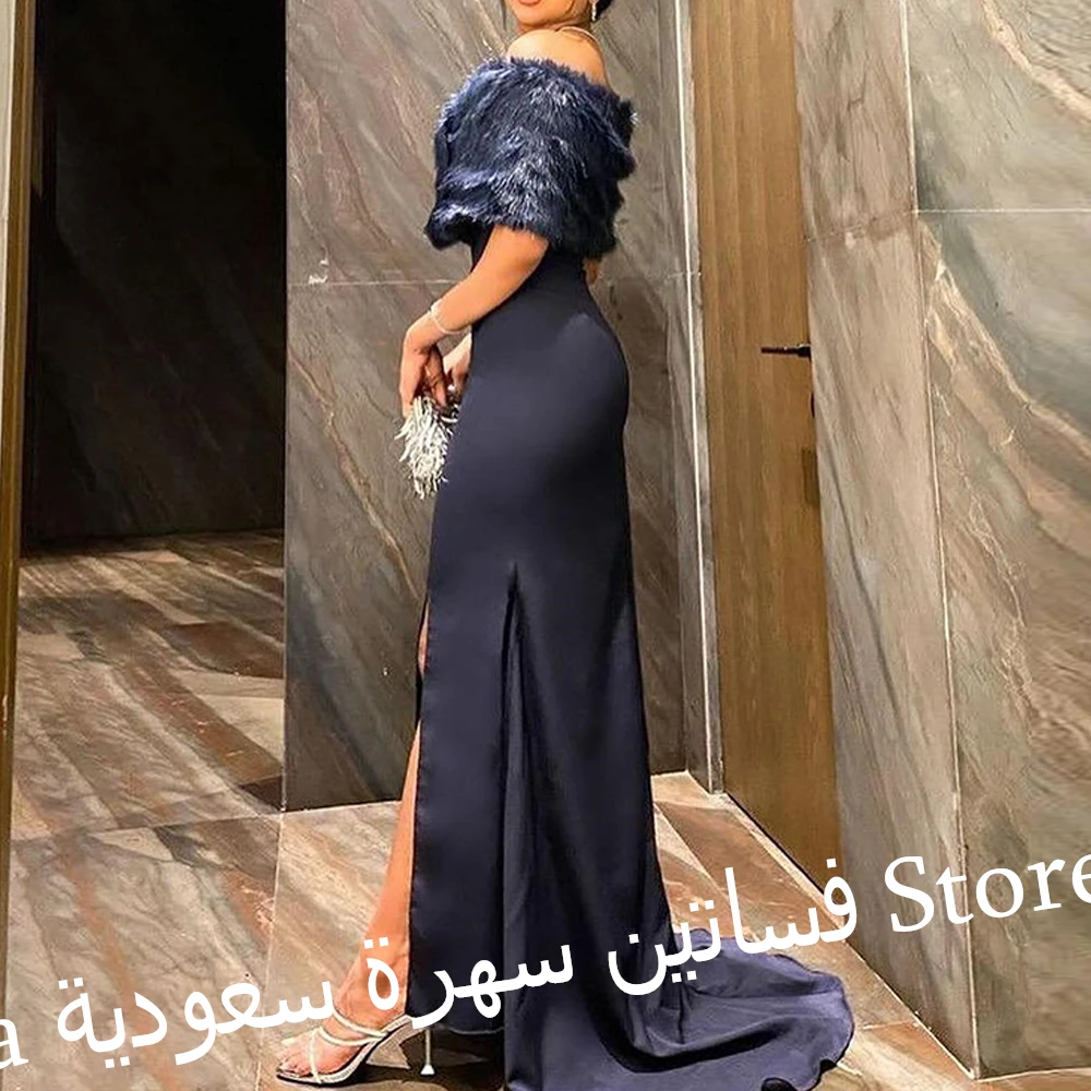 Exquisite Ruched Boat Neck Floor Length Side Slit  Mermaid Evening Dress Satin Off the Shoulder Crystal Vestidos de fiesta