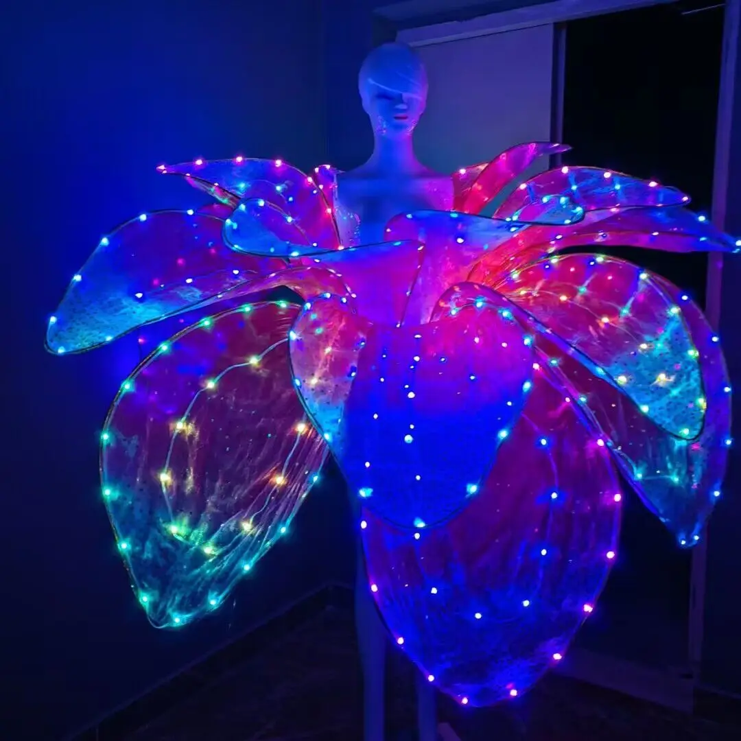 Robe Rose à Fleurs avec Lumière LED, Tenue de Scène Cool, de Luxe, de Spectacle de Carnaval