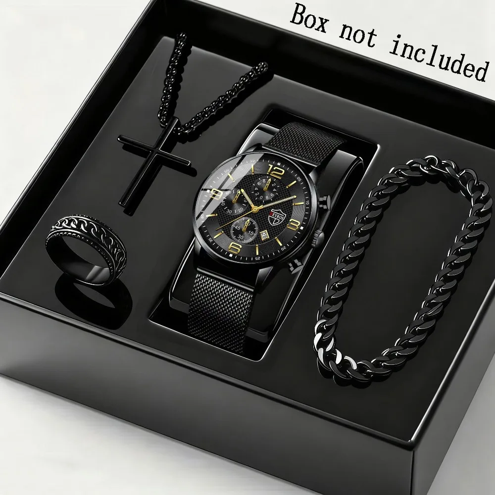4pcs/set Men'S Elegant Quartz Watch & Bracelet set | Stainless Steel | Casual Watch | Business Watch Men Necklace